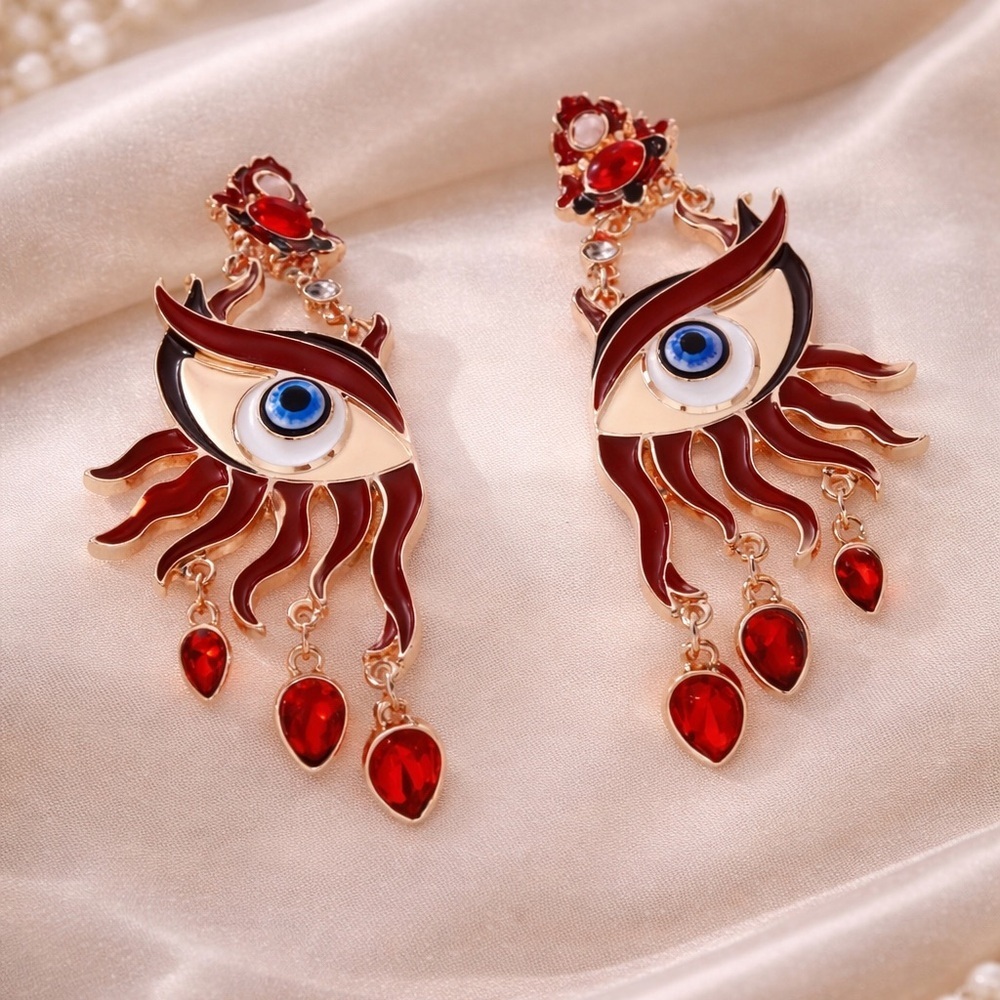 Surreal Evil Eye Art Earrings — Red & Gold Statement Drops